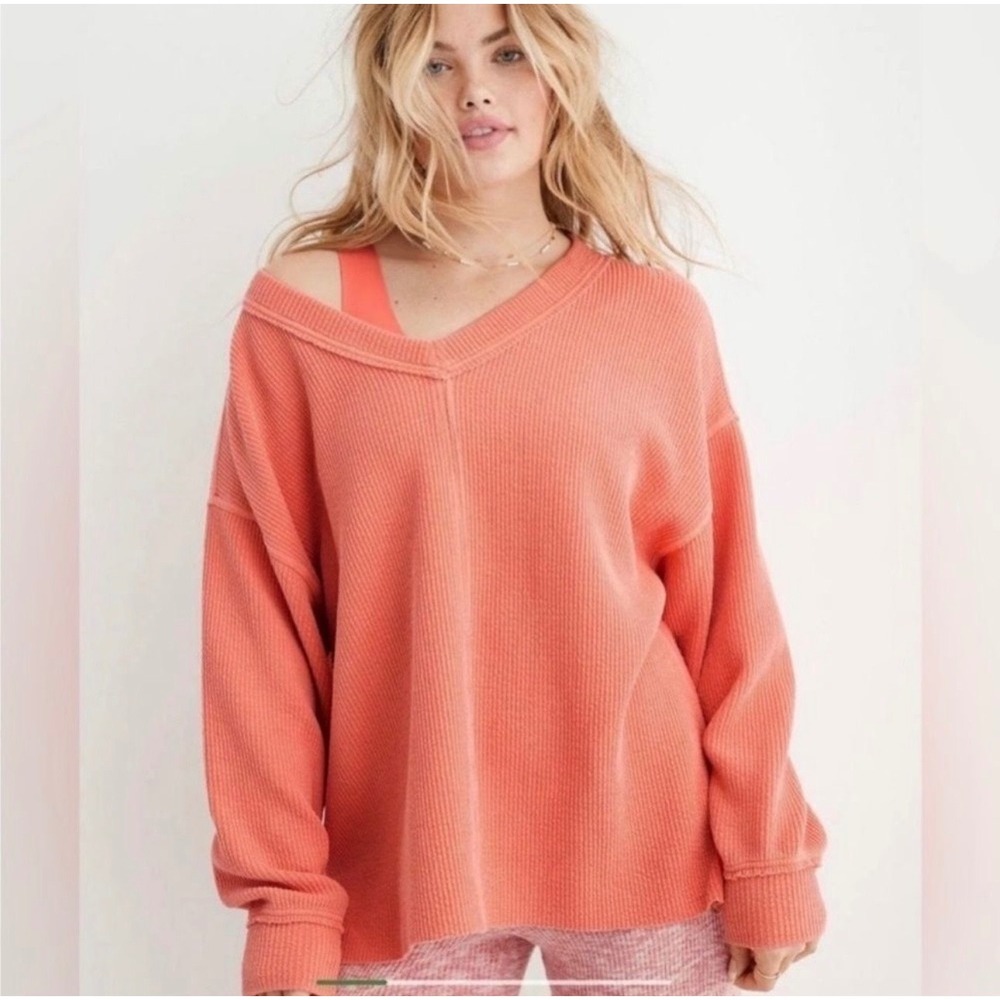 Aerie Wonder‎ Textured V-Neck Sweatshirt Oversized Loungewear Peach Size Small
